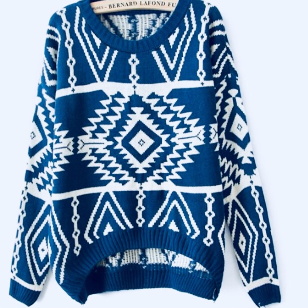Blue High Low Geometric Sweater